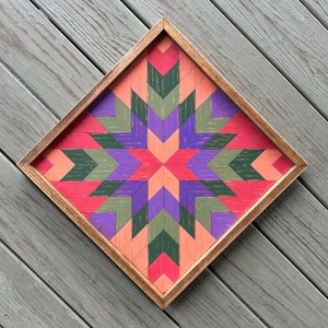 Rustic Wood Wall Art. Barn Quilt with Star Pattern. Coral, Purple, Green. Country Farmhouse and Cottage Decor. Colorful Eclectic Maximalist