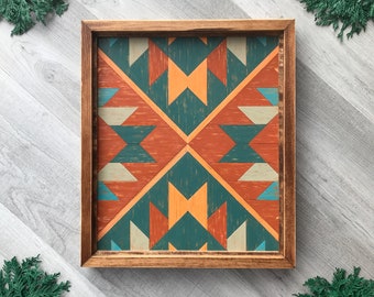 Aztec Wall Art. Geometric Wall Decor with Tribal Pattern. Colorful Southwestern Home Decor for Bedroom. Eclectic Boho Wooden Wall Hanging