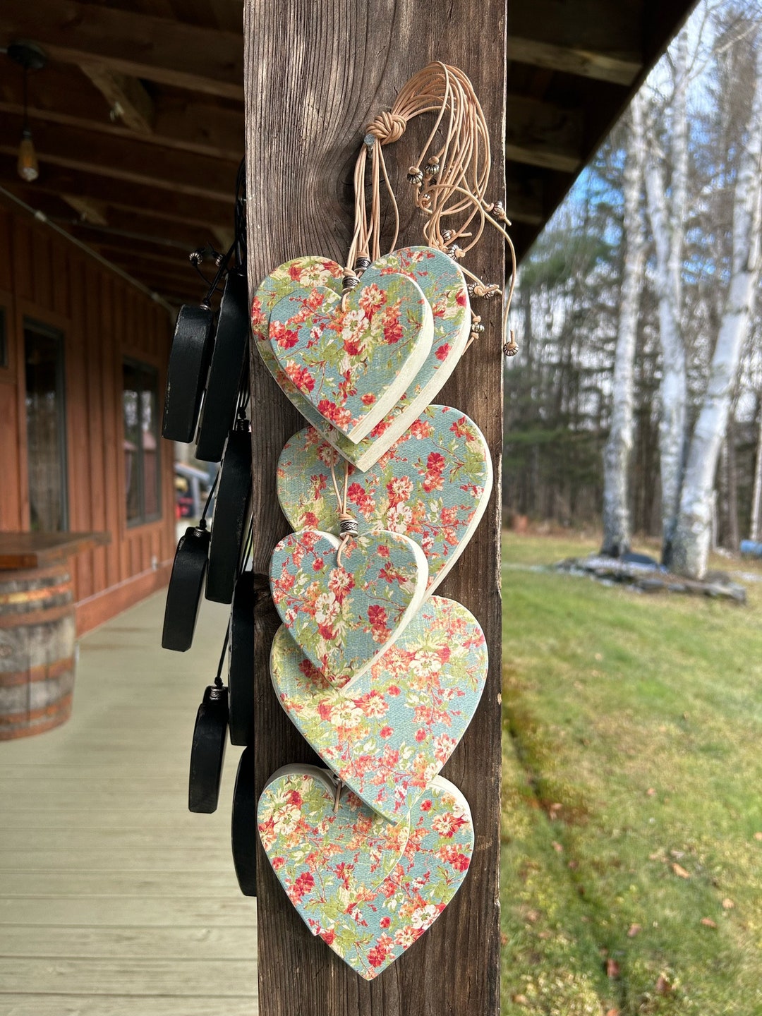 Wood Hearts. Wooden Heart Wall Hanging With Floral Print. Flower Decor. Floral Wall Art. Heart