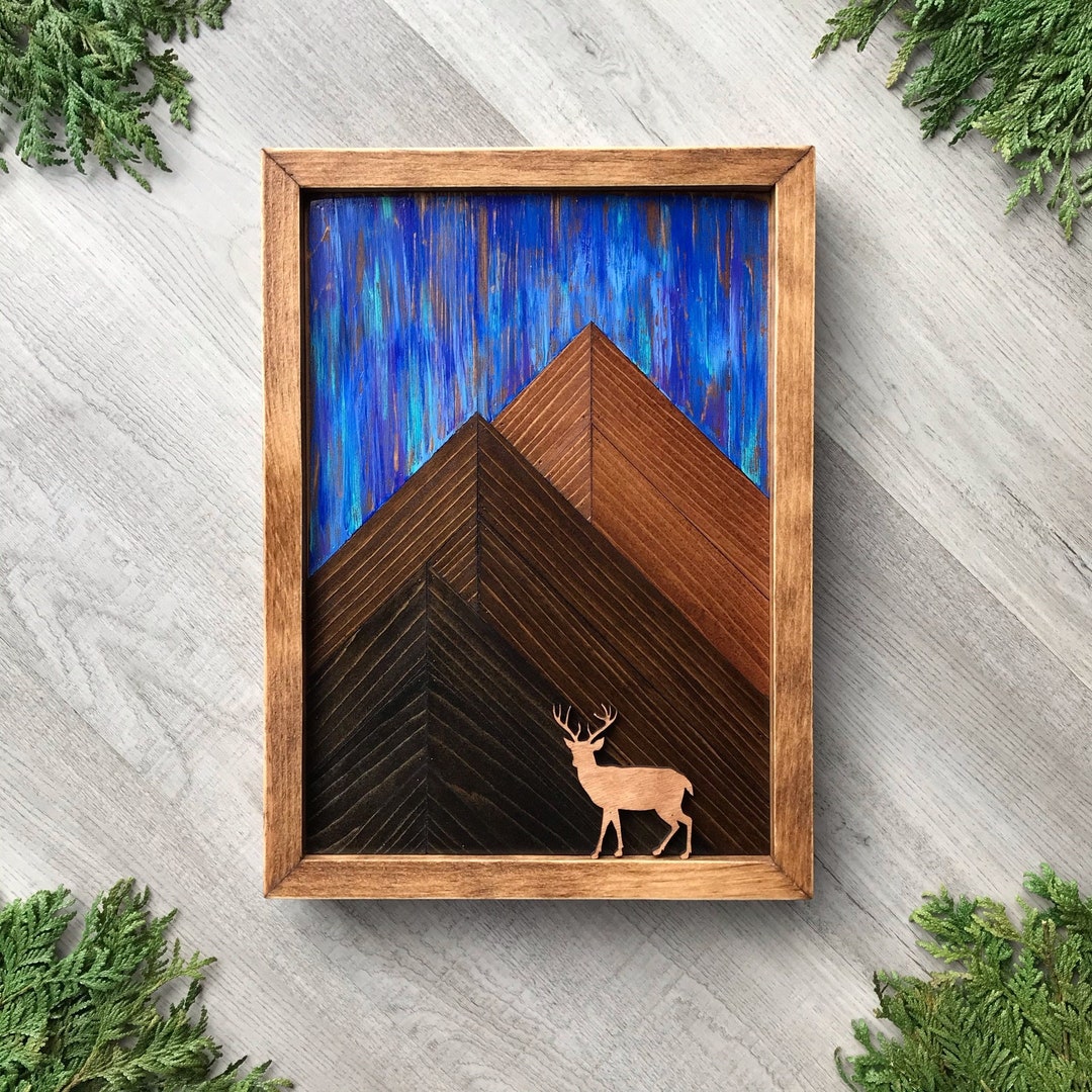 Rustic Mountain Wood Wall Art With Mountain Peaks, Blue Sky, & Wooden ...