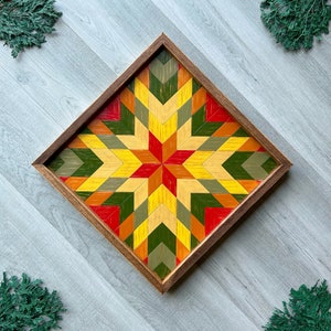Wood Wall Art. Wooden Star Barn Quilt. Rustic Wood Quilt Art with Geometric Pattern. Country Farmhouse, Cottage, Cabin Decor. Folk Art Decor