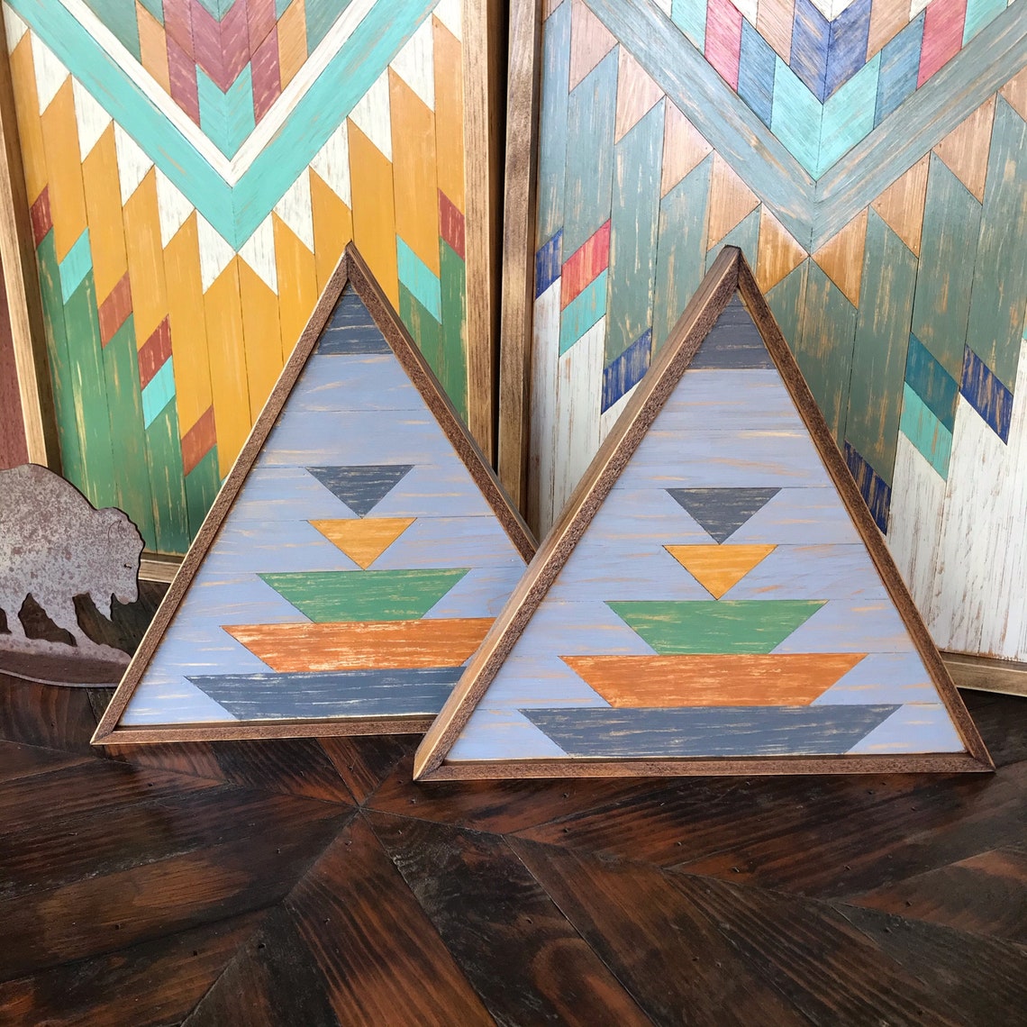 Triangle Wood Wall Art Decor With Navajo Pattern. Geometric Etsy