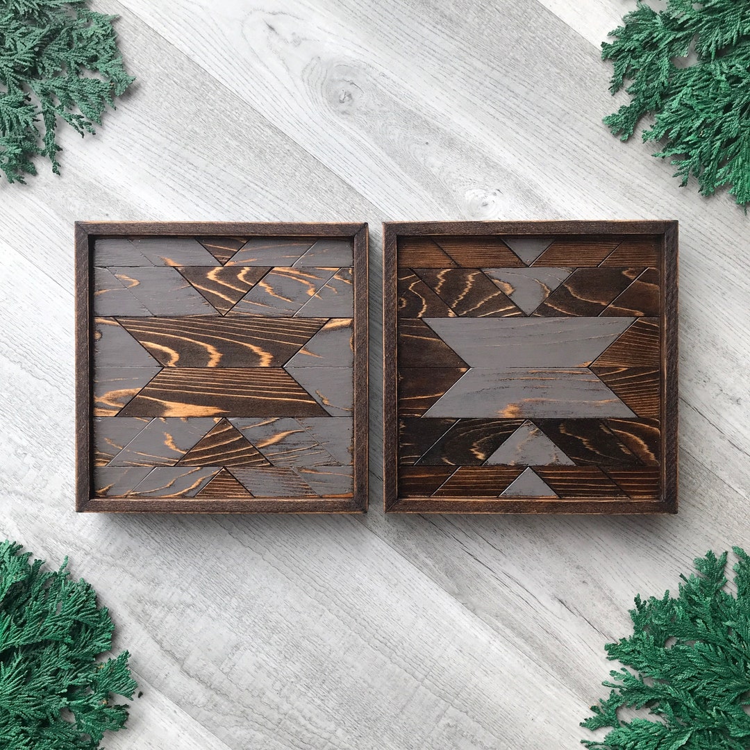 2 Piece Square Wood Wall Art Panels With Tribal Geometric Patterns ...