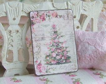 Miniatura de casa de muñecas, letrero para árbol de Navidad, imagen de rosa rosa, placa bonita, estilo vintage, decoración navideña, estilo rústico shabby chic, escala 1:12