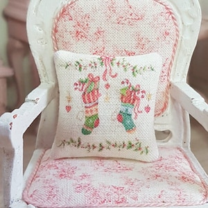 Dollhouse Miniature, Christmas Stocking Cushion, Dolls House Pillow, Vintage Style, Xmas Decor, Shabby Cottage Chic, 1:12th Scale