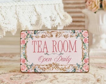 Miniatura de casa de muñecas, letrero de salón de té, placa de salón de té, cuadro floral rosa, decoración de pastelería, casa de muñecas, estilo rústico shabby chic, escala 1:12