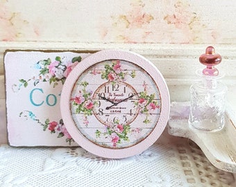 Dollhouse Miniature, Pink Roses Clock, Dolls House Accessories, Pretty Flower Picture, Rose Home Decor, Shabby Cottage Chic, 1:12th Scale