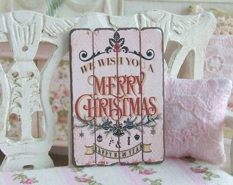 Miniatura de casa de muñecas, letrero de Feliz Navidad, imagen festiva, placa de Año Nuevo, estilo vintage, decoración navideña, estilo rústico shabby chic, escala 1:12