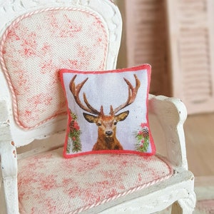 Dollhouse Miniature, Christmas Deer Cushion, Dolls House Pillow, Vintage Style, Reindeer Stag Decor, Shabby Cottage Chic, 1:12th Scale