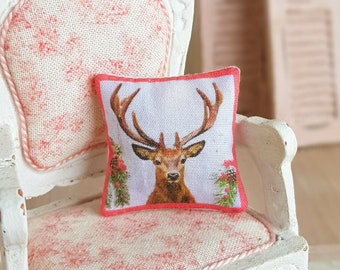 Dollhouse Miniature, Christmas Deer Cushion, Dolls House Pillow, Vintage Style, Reindeer Stag Decor, Shabby Cottage Chic, 1:12th Scale