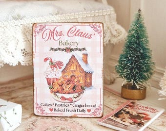 Miniatura de casa de muñecas, Letrero de casa de jengibre, Panadería de la Sra. Claus, Cuadro navideño rosa, Placa de casa de muñecas, Estilo rústico shabby chic, Escala 1:12