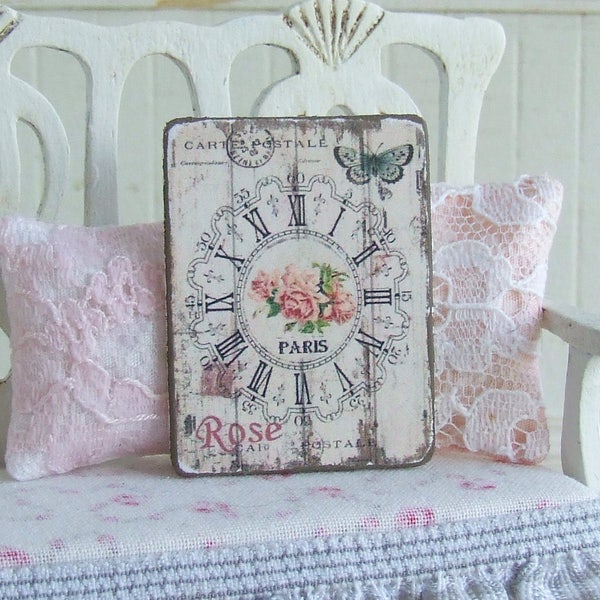 Dollhouse Miniature, Clock Sign, Flower Picture, Wall Plaque, French Print, Aged Home Decor, Shabby Cottage Chic, 1:12th Scale