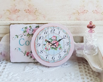 Dollhouse Miniature, Blue Clock, Dolls House Accessories, Flower Picture, Pink Roses, Home Decor, Shabby Cottage Chic, 1:12th Scale