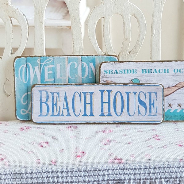 Dollhouse Miniature, Beach House Sign, Seaside Plaque, Nautical Picture, Blue Print, Dolls House Bathroom, Shabby Cottage Chic, 1:12th Scale