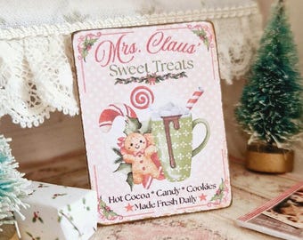 Miniatura para casa de muñecas, letrero de dulces de la Sra. Claus, imagen navideña rosa, placa de jengibre, decoración para casa de muñecas, estilo rústico shabby chic, escala 1:12