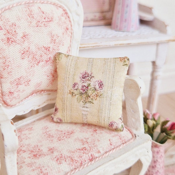 Dollhouse Miniature, Green Rose Cushion, Dolls House Pillow, Pink Flowers, Stripe Fabric, Living Room, Shabby Cottage Chic, 1:12th Scale