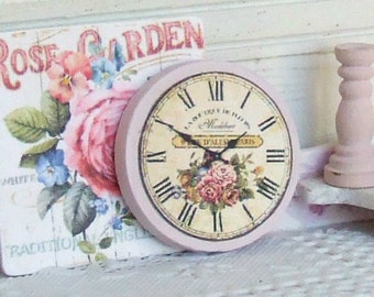Dollhouse Miniature, Pink Floral Clock, Floral Home Decor, Flower Image, Rose Wall Art, Shabby Cottage Chic, 1:12th Scale