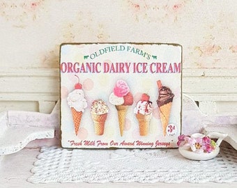 Miniatura para casa de muñecas, letrero de cono de helado, placa de postre, imagen de comida, decoración de verano, restaurante para casa de muñecas, estilo rústico chic, escala 1:12
