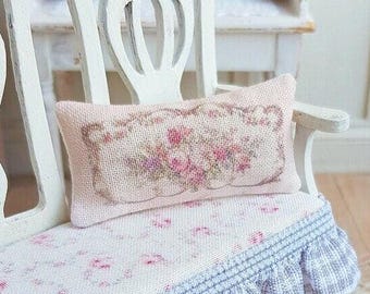 Dollhouse Miniature, Floral Pink Cushion, Dolls House Pillow, Rose Miniatures, Romantic French Style, Shabby Cottage Chic,  1:12th Scale