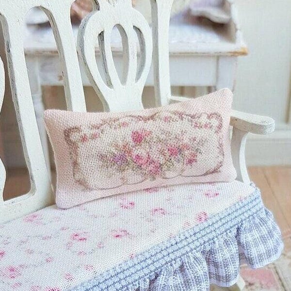 Dollhouse Miniature, Floral Pink Cushion, Dolls House Pillow, Rose Miniatures, Romantic French Style, Shabby Cottage Chic,  1:12th Scale