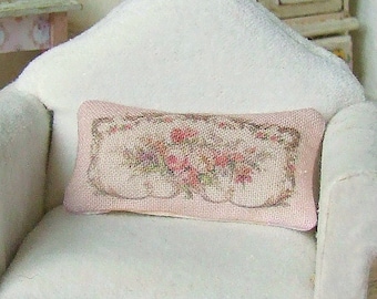 Dollhouse Miniature, Pink Aubusson Cushion, Dolls House Pillow, French Miniatures, Rose Home Decor, Shabby Cottage Chic,  1:12th Scale