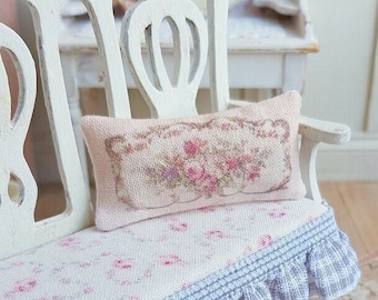 Dollhouse Miniature, Pink Aubusson Cushion, Dolls House Pillow, French Country Miniature, Rose Decor, Shabby Cottage Chic,  1:12th Scale