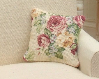 Dollhouse miniature, Burgundy Rose Cushion, Dolls House Pillow, Country Home Decor, Soft Furnishings, Shabby Cottage Chic, 1:12th Scale
