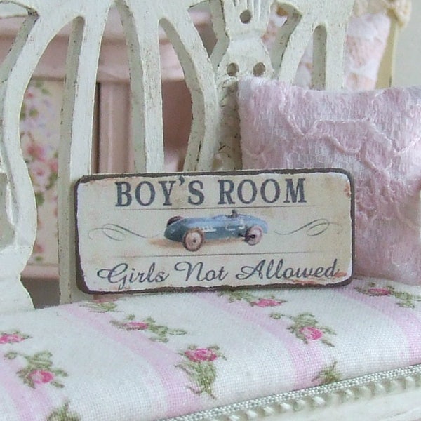 Dollhouse Miniature, Boy's Room Sign, Bedroom Picture, Nursery Plaque, Vintage Style, Car Poster, Shabby Cottage Chic, 1:12th Scale