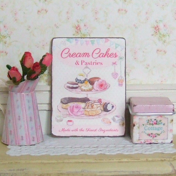 Dollhouse Miniature, Pink Cupcake Sign, Cake stand Picture, Dolls House Plaque, Bakery Print, Cream Cakes, Shabby Cottage Chic, 1:12th Scale