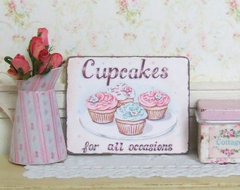 Miniatura de casa de muñecas, letrero de cupcakes, imagen de pastel, cocina de casa de muñecas, placa de salón de té, impresión de cocina, estilo rústico shabby chic, escala 1:12