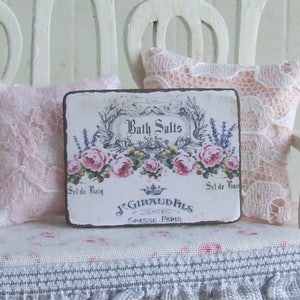 Dollhouse Miniature, Bathroom Sign, Bath Salts Picture, Pink Rose Plaque, Dolls House Print, French Decor, Shabby Cottage Chic, 1:12th Scale