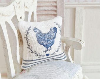Dollhouse Miniature, Blue Hen Cushion, Dolls House Pillow, Farmhouse Decor, French Style, Chicken Fabric, Shabby Cottage Chic, 1:12th Scale