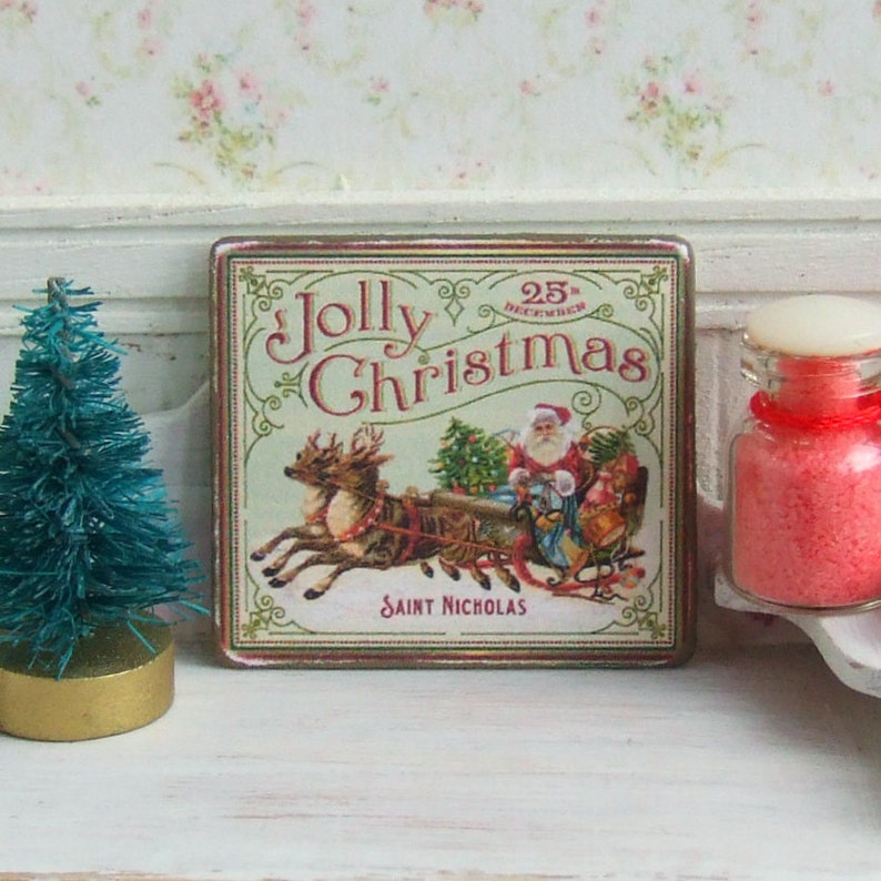 Dollhouse Miniature, Santa Sign, Christmas Picture, Reindeer Plaque, Dolls House, Festive Miniatures, Shabby Cottage Chic, 1:12th Scale image 1