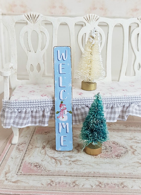 Dollhouse Miniature, Welcome Sign, Blue Christmas Picture, Dolls House Plaque, Snowman Decor, Shop Print, Shabby Cottage Chic, 1:12th Scale