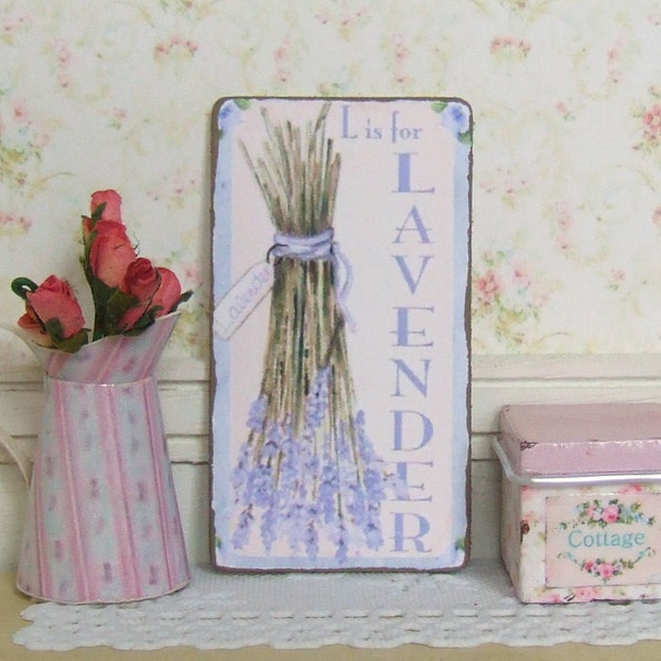 Dollhouse Miniature, Lavender Sign, French Picture, Floral Plaque, Dolls House Print, Flower Poster, Shabby Cottage Chic, 1:12th Scale