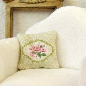 Dollhouse Miniature, Green Rose Cushion, Dolls House Pillow, Pink Flowers, Polka Dot, Living Room Decor, Shabby Cottage Chic, 1:12th Scale