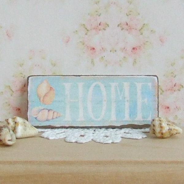 Dollhouse Miniature, Beach Home Sign, Seashell Picture, Seaside Plaque, Nautical Decor, Shabby Cottage Chic, 1:12th Scale