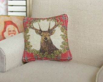 Dollhouse Miniature, Deer Cushion, Dolls House Pillow, Red Tartan, Stag Decoration, Plaid Miniatures, Shabby Cottage Chic, 1:12th Scale