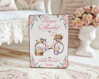 Miniatura de casa de muñecas, letrero de mercado de flores, cuadro floral, placa de tienda, tienda de muñecas, decoración de jardín, estilo rústico shabby chic, escala 1:12
