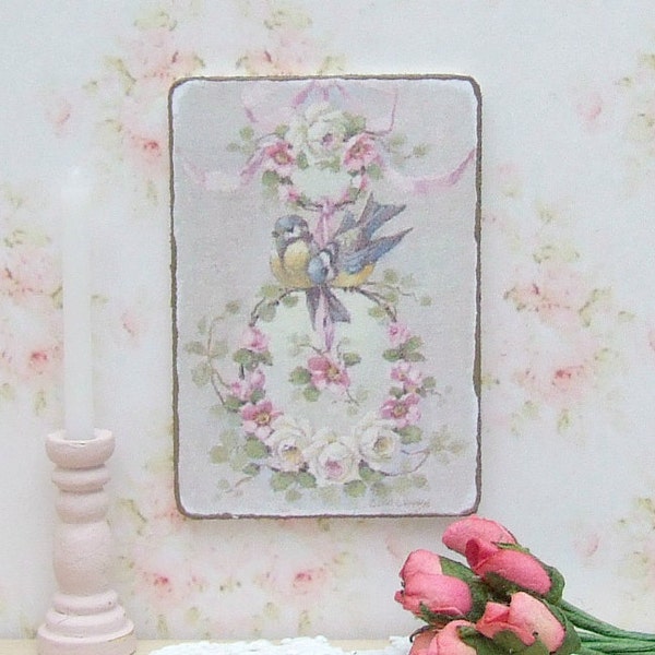 Dollhouse Miniature, Blue Birds Sign, Nature Picture, Grey Plaque, Vintage Style, Shabby Cottage Chic, 1:12th Scale