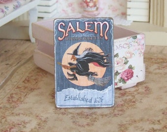 Dollhouse Miniature, Halloween Sign, Flying Witch Picture, Salem Plaque, Spooky Decor, Dolls House Print, Shabby Cottage Chic, 1:12th Scale
