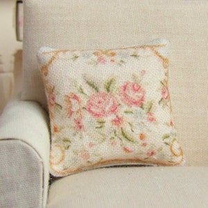Dollhouse Miniature, Romantic Rose Cushion, Dolls House Pillow, Living Room Decor, Country Home Style, Shabby Cottage Chic, 1:12th Scale