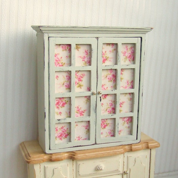 Dollhouse Miniature | Pale Green | Wooden Distressed | Rose Cupboard Cabinet Furniture | Shabby Chic | 12th Scale