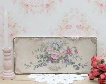 Dollhouse Miniature, Flower Basket Sign, Wall Panel, Floral Picture, French Decor, Aubusson Print, Shabby Cottage Chic, 1:12th Scale