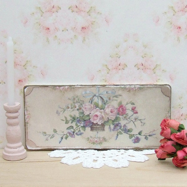 Dollhouse Miniature, Flower Basket Sign, Wall Panel, Floral Picture, French Decor, Aubusson Print, Shabby Cottage Chic, 1:12th Scale