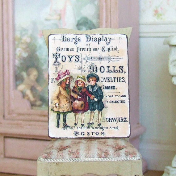 Dollhouse Miniature, Dolls Sign, Toys Plaque, Victorian Picture, Dolls House Decor, Shop Board, Shabby Cottage Chic, 1:12th Scale