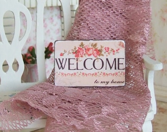 Dollhouse Miniature, Welcome Sign, Pink Roses Picture, Home Plaque, Pink Decor, Dolls House Print, Shabby Cottage Chic, 1:12th Scale