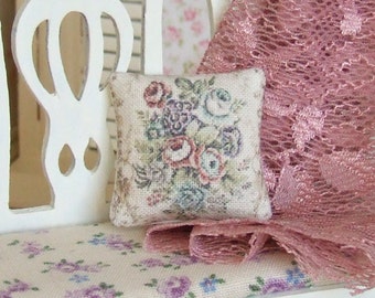 Dollhouse Miniature, Floral Throw Cushion, Dolls House Pillow, French Living Room, Country Style Home, Shabby Cottage Chic, 1:12th Scale