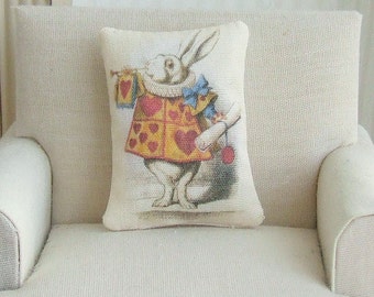 Dollhouse Miniature, White Rabbit Cushion, Dolls House Pillow, Alice in Wonderland, Girls Bedroom Decor, Shabby Cottage Chic, 1:12th Scale