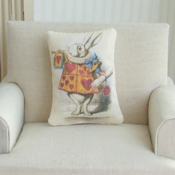 Dollhouse Miniature, White Rabbit Cushion, Dolls House Pillow, Alice in Wonderland, Girls Bedroom Decor, Shabby Cottage Chic, 1:12th Scale